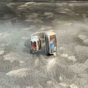 Tabra Garnet & Boulder Opal Sterling Silver Bypass Etched Mountain Ring Signed